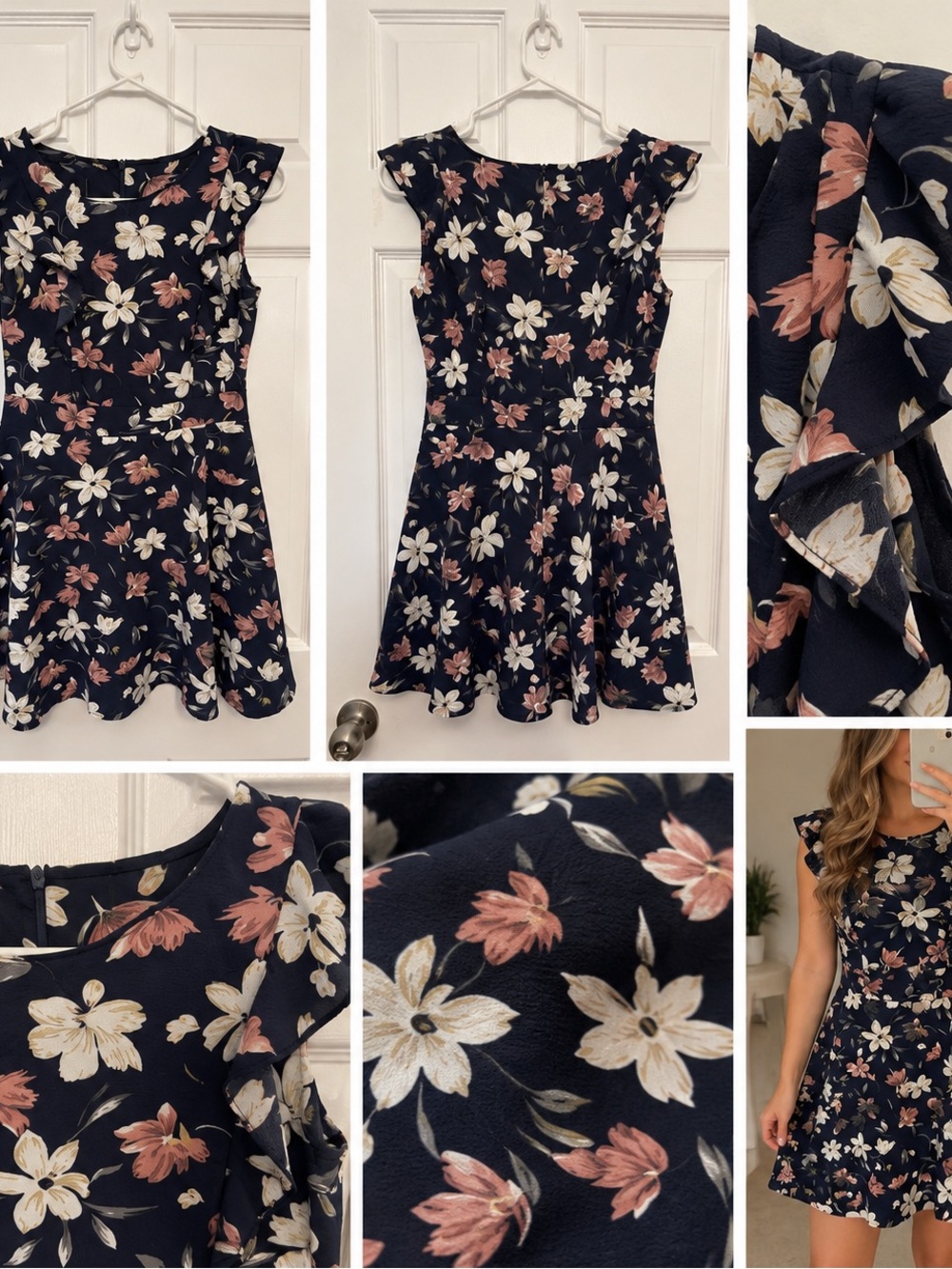 Floral Navy Fit-and-Flare Dress with Ruffle Cap Sleeves